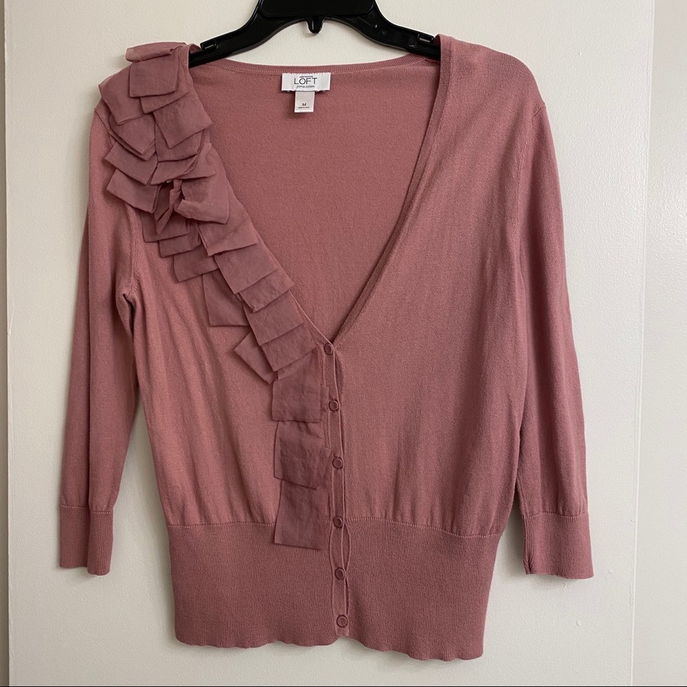 V-Neck LOFT Cardigan — Mauve/Pink w/ Ruffles!
